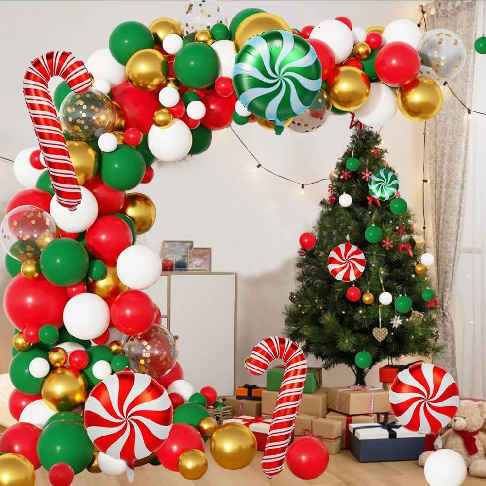 Christmas Balloons Garland Arch Kit Red White Green Balloons Candy Cane Foil Balloons Merry Christmas Birthday Party Decorations Supplies