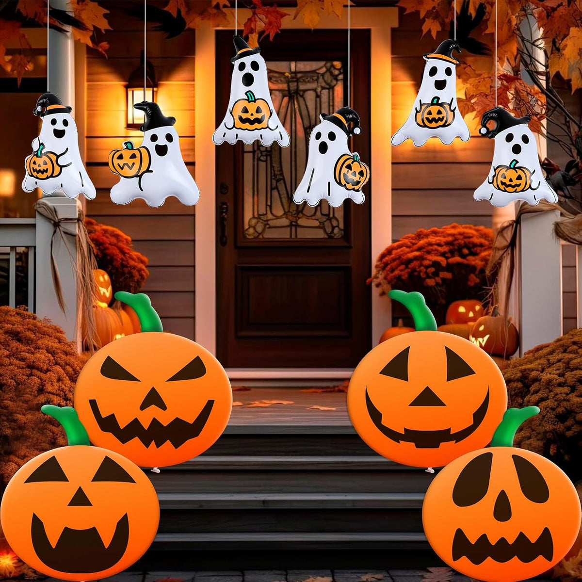 10 PCS 16 Inch, 9 Inch Halloween Inflatable Balloons Inflatable Halloween Pumpkin Ghost Decorations PVC Large Pumpkin Balloons for Haunted House Horror Party Yard Garden Home Decor