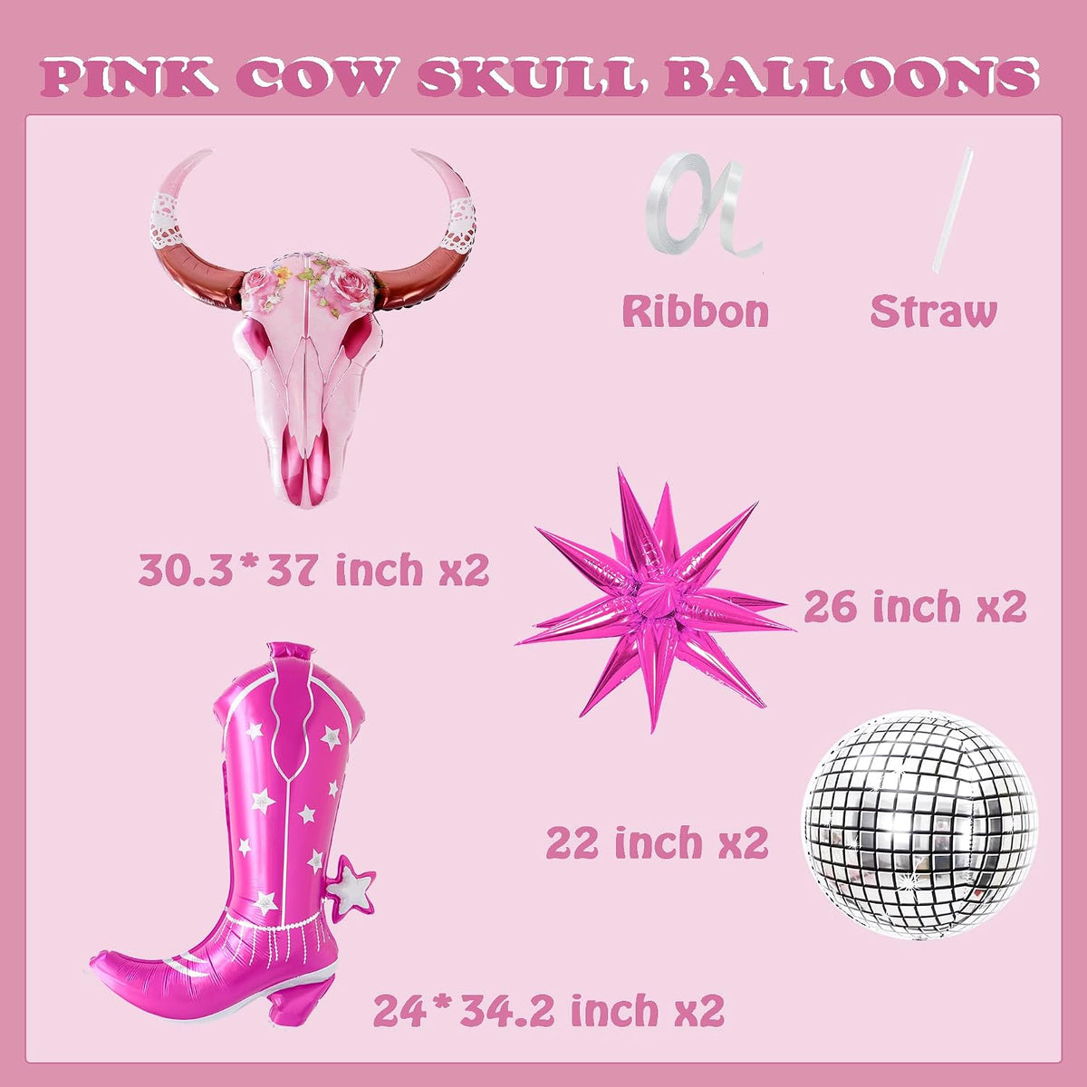 Pink Long Horn Cow Skull Boots Disco Ball Balloons Western Cowgirl My First Rodeo Last Rodeo Bachelorette Themed Longhorn Head Party Balloons Wall Decor Baby Shower Birthday Party Decorations for Girl