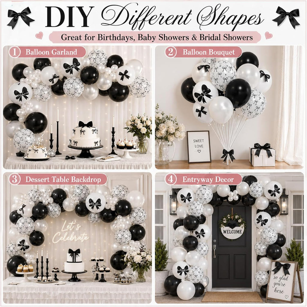 Black Bow Balloons 60PCS Printed Bow for Girls Birthday Bridal Shower Party