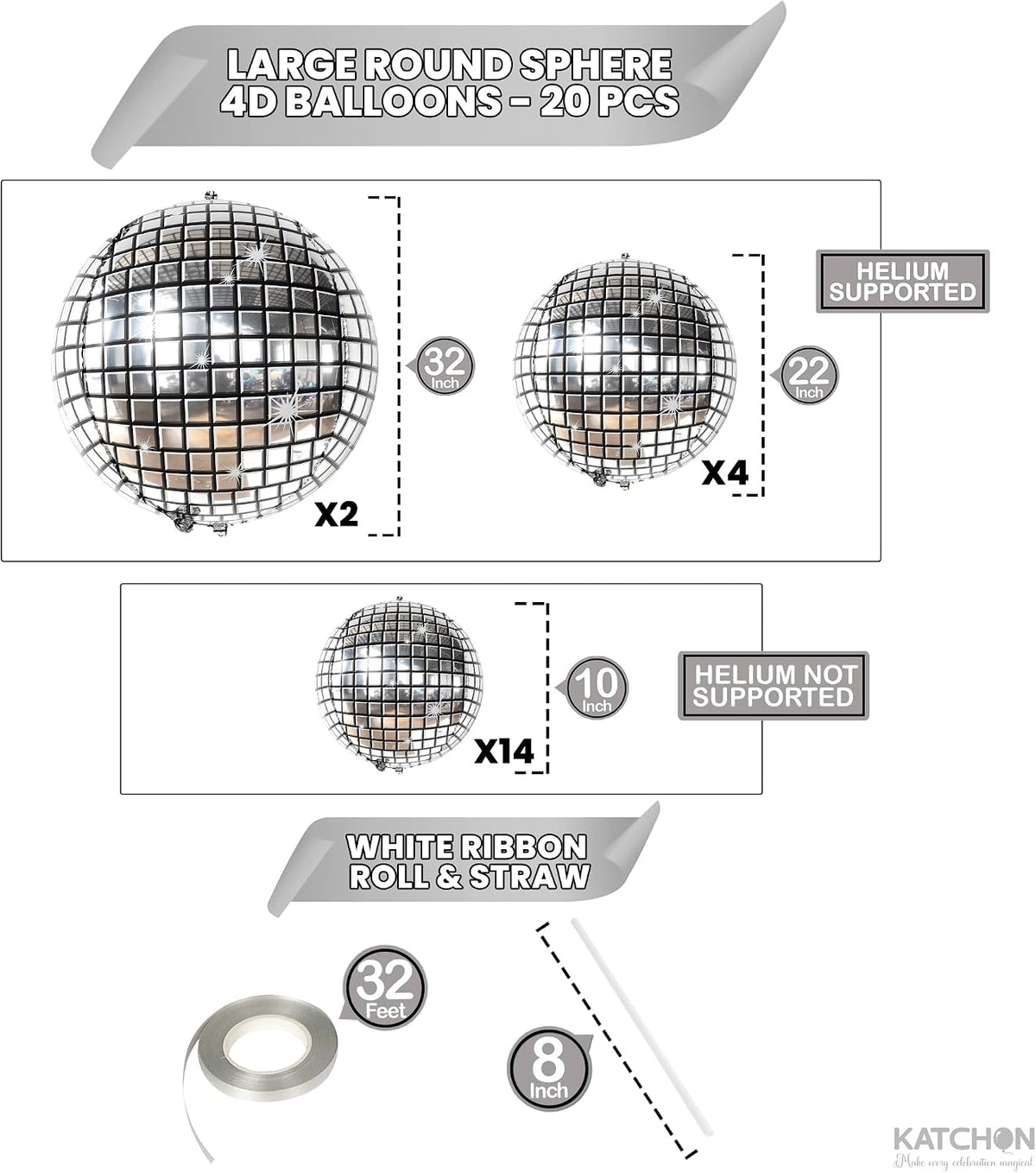 , Silver Disco Ball Balloons - 32 Inch, Pack of 20