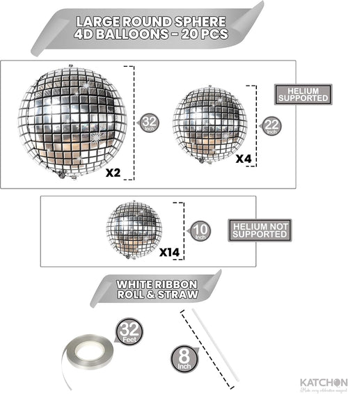 , Silver Disco Ball Balloons - 32 Inch, Pack of 20