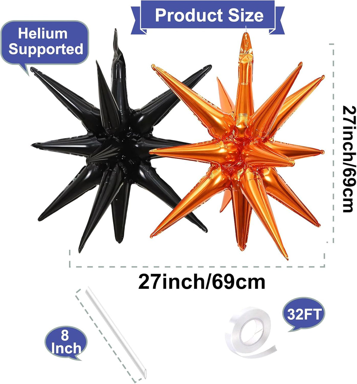 6 Pieces 27 Inches Black Orange Explosion Balloons, Large 14-Pointed One-Piece Cone Stars Fireworks Aluminum Foil Balloons for Halloween Birthday Graduation Backdrop Party Decorations
