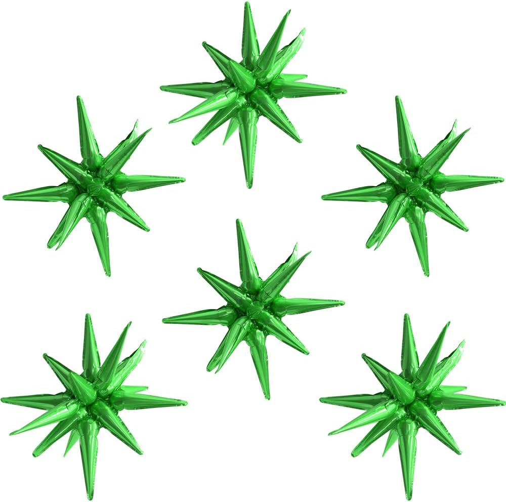 4D Red Green Balloon New Year Merry Christmas Decoration One-Piece Explosion Star Party Supplies, 6 Pack 22'' 14 Point Spike Star Cone Balloon Fireworks Balloons for Birthday Disco Casino Movie Night
