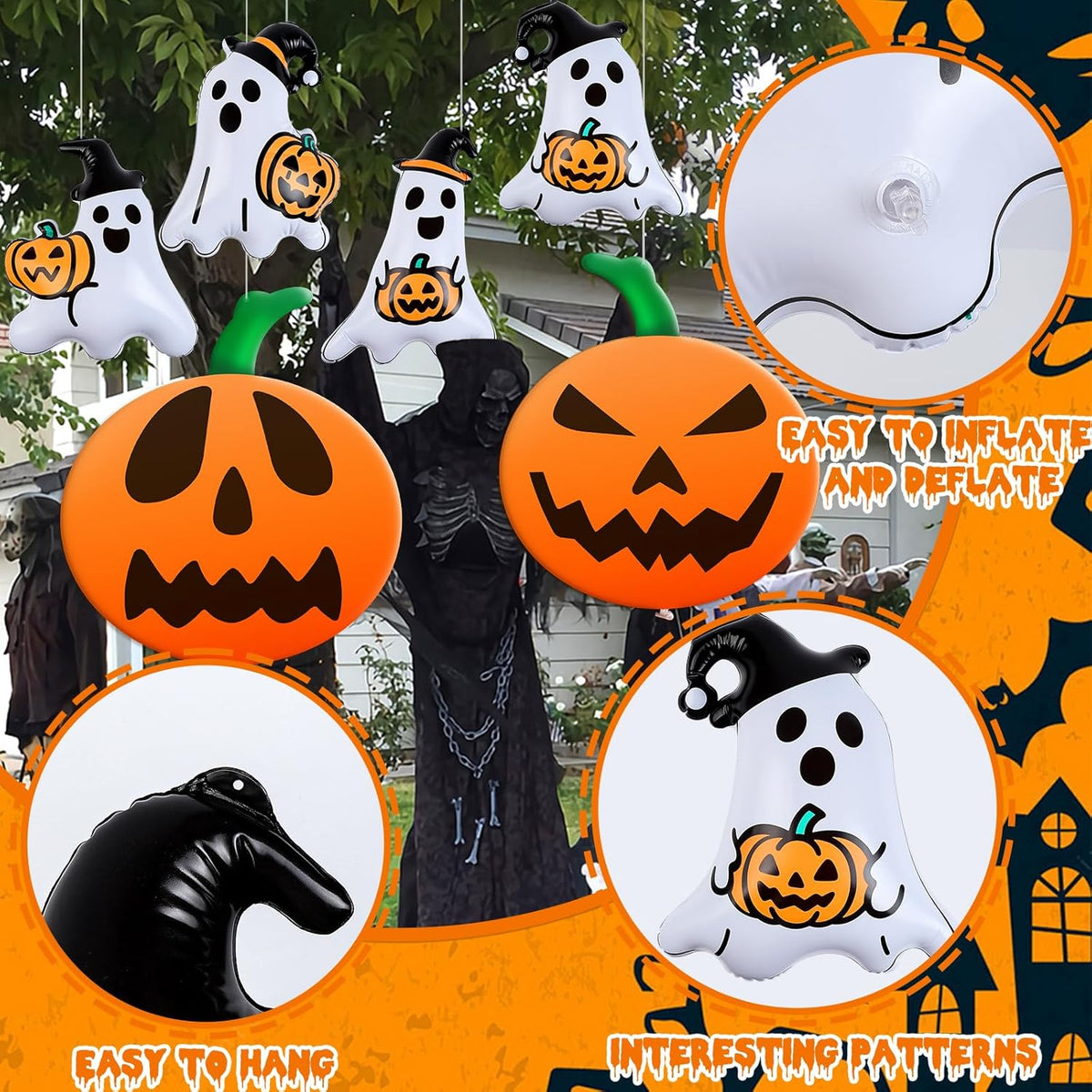 10 PCS 16 Inch, 9 Inch Halloween Inflatable Balloons Inflatable Halloween Pumpkin Ghost Decorations PVC Large Pumpkin Balloons for Haunted House Horror Party Yard Garden Home Decor