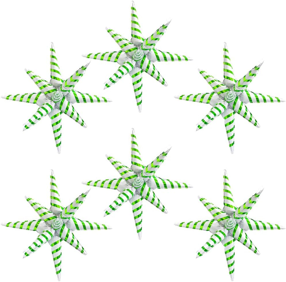 4D Red Green Balloon New Year Merry Christmas Decoration One-Piece Explosion Star Party Supplies, 6 Pack 22'' 14 Point Spike Star Cone Balloon Fireworks Balloons for Birthday Disco Casino Movie Night