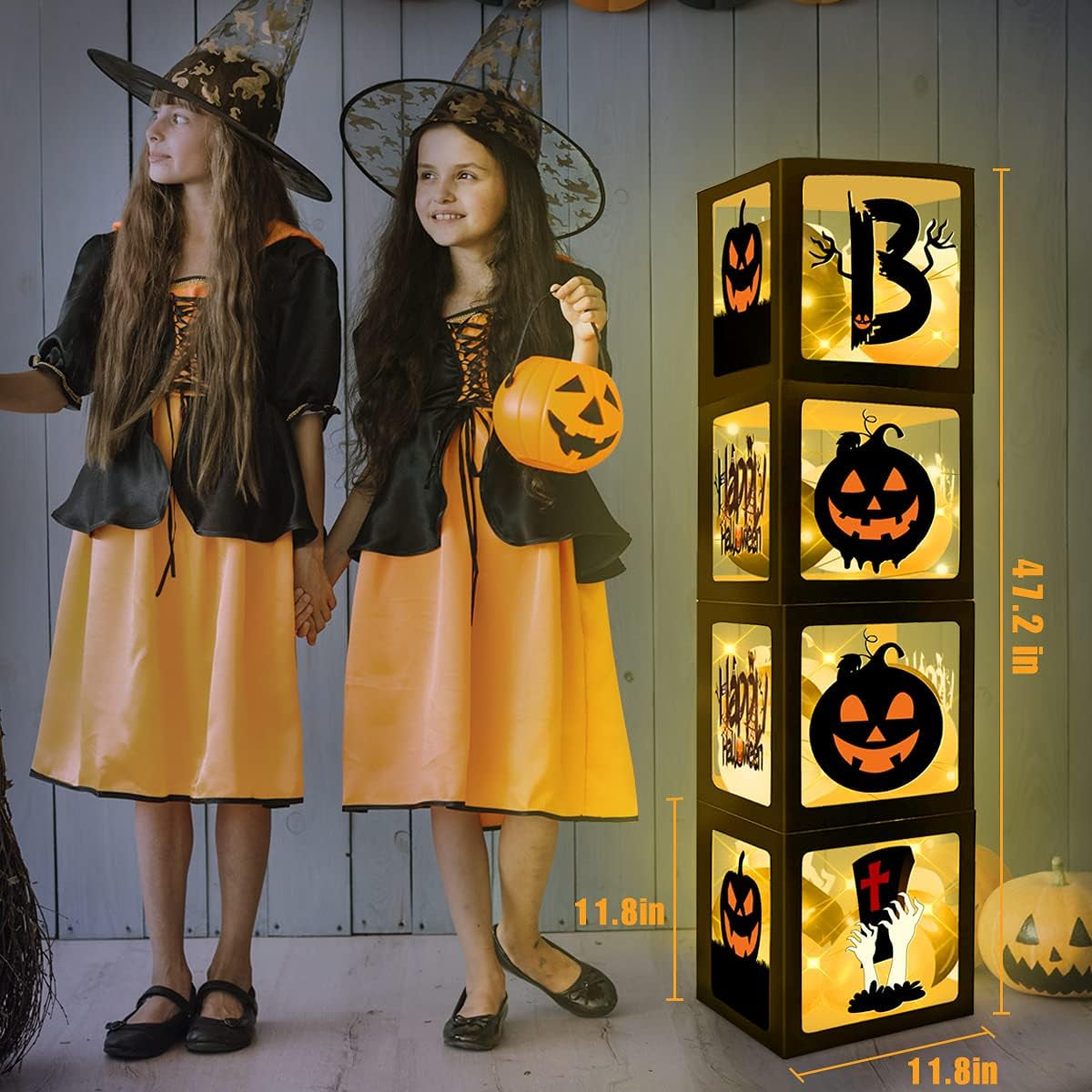 Halloween Party Decorations Balloons Boxes, 4 Pcs Boo Outdoor Indoor Transparent Box for Halloween Baby Shower with 4 LED Light Strings Party Decorations Supplies Favors