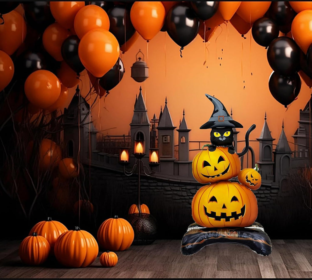 Halloween Inflatable Standing Balloons Giant Pumpkin Black Cat & Spider Web Scary Theme Foil Mylar Balloons for Day of the Dead Halloween Spooky Party Wall Inflatable Decorations