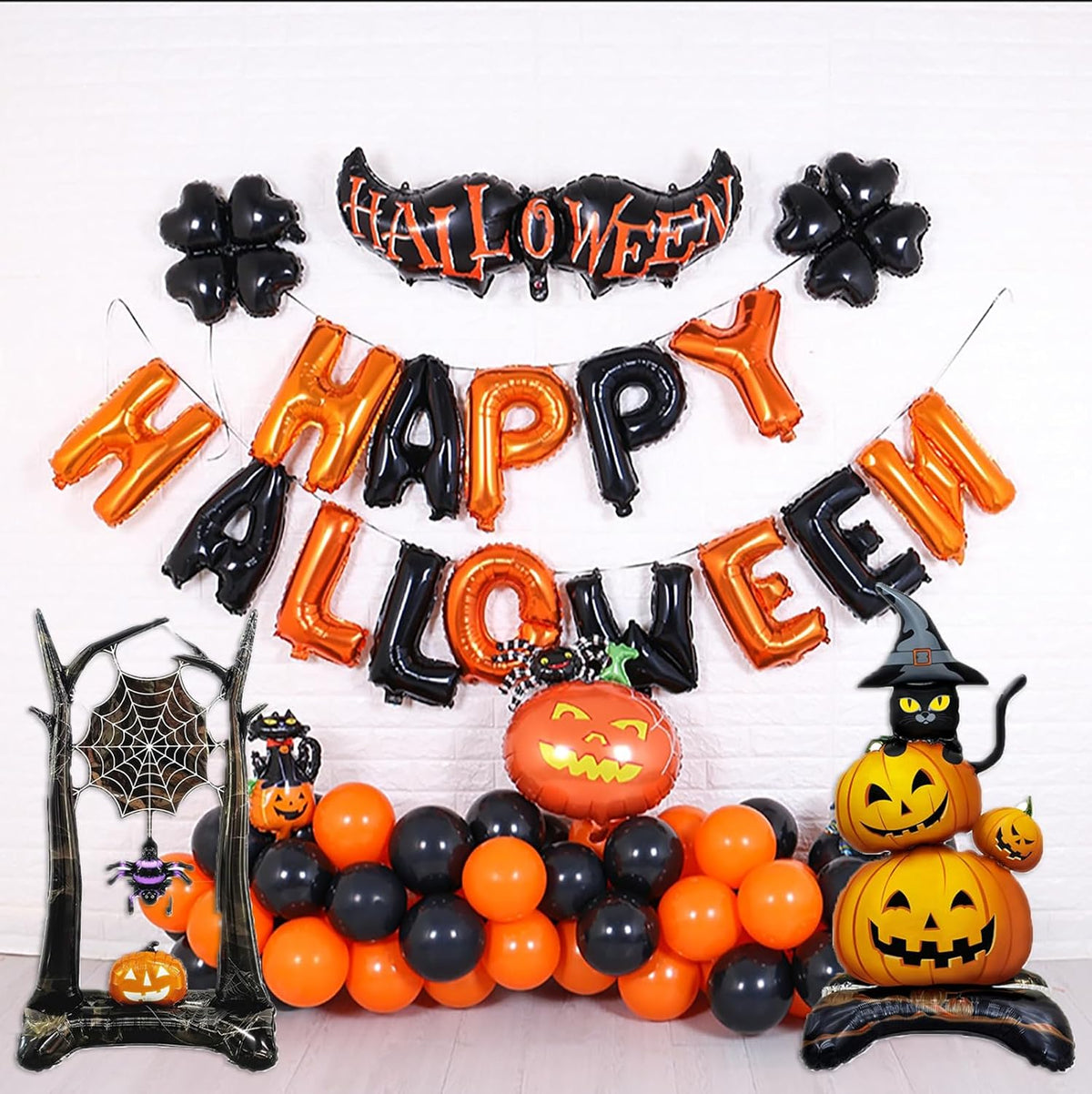 Halloween Inflatable Standing Balloons Giant Pumpkin Black Cat & Spider Web Scary Theme Foil Mylar Balloons for Day of the Dead Halloween Spooky Party Wall Inflatable Decorations