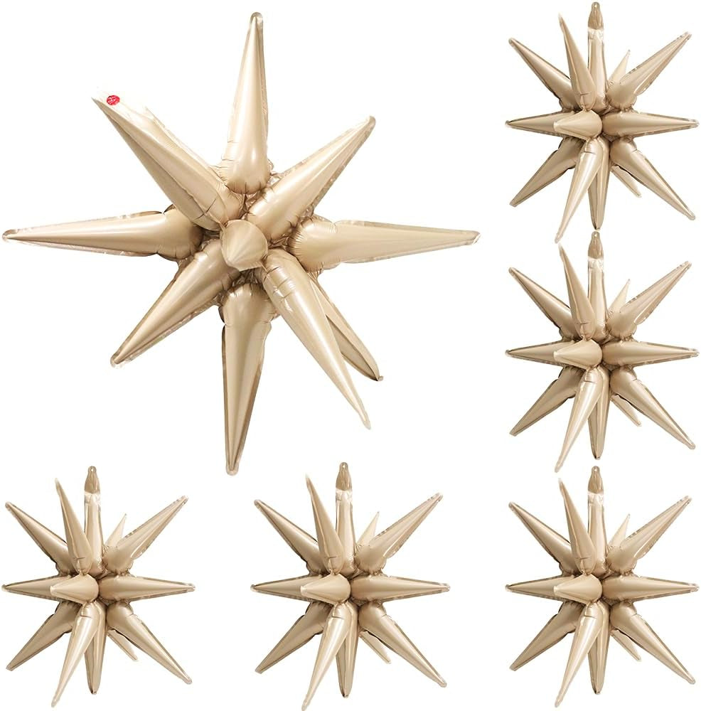 4D Red Green Balloon New Year Merry Christmas Decoration One-Piece Explosion Star Party Supplies, 6 Pack 22'' 14 Point Spike Star Cone Balloon Fireworks Balloons for Birthday Disco Casino Movie Night
