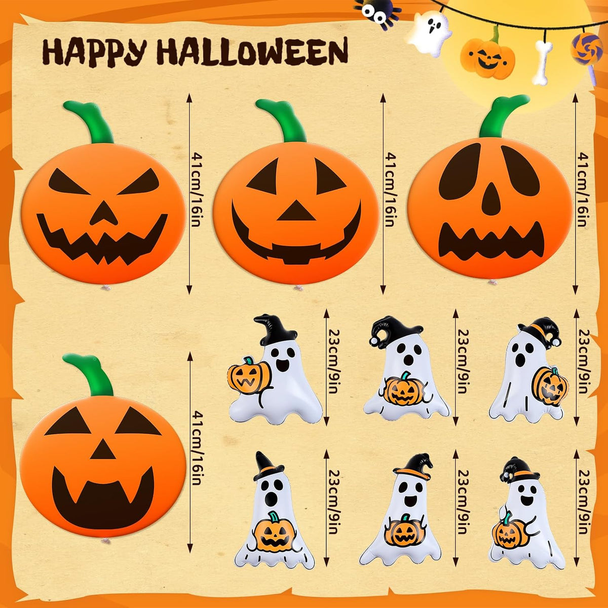 10 PCS 16 Inch, 9 Inch Halloween Inflatable Balloons Inflatable Halloween Pumpkin Ghost Decorations PVC Large Pumpkin Balloons for Haunted House Horror Party Yard Garden Home Decor