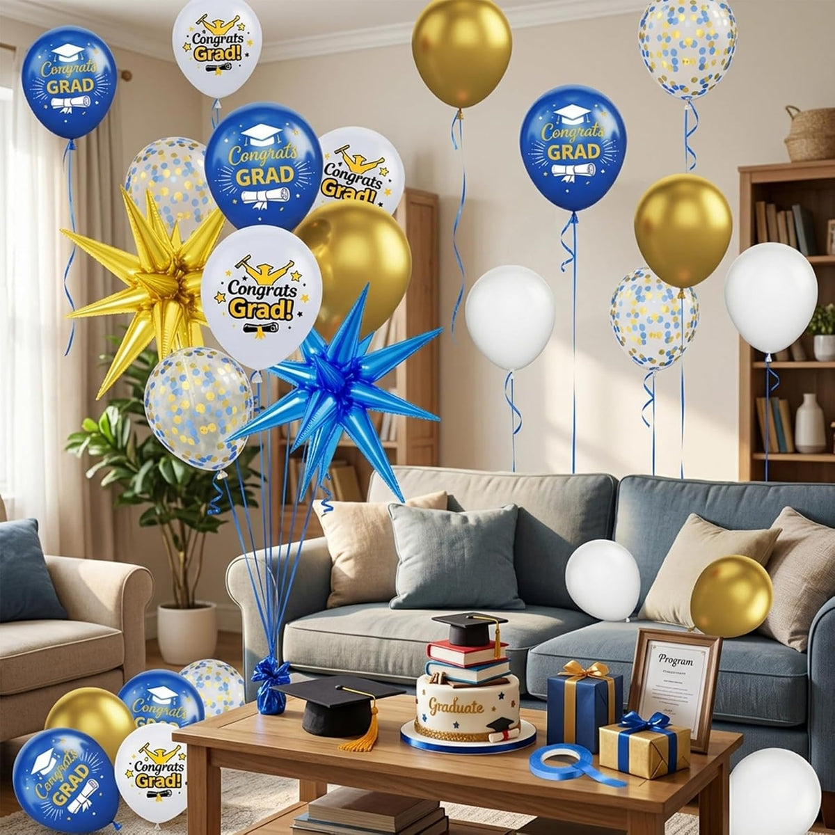 Graduation Balloons, Blue Gold Star Balloons for Class of 2026 Grad Party