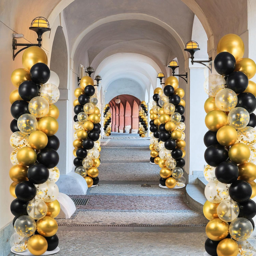 2 Sets Balloon Column Stand Kit Balloon Tower with Bases（Black Gold）