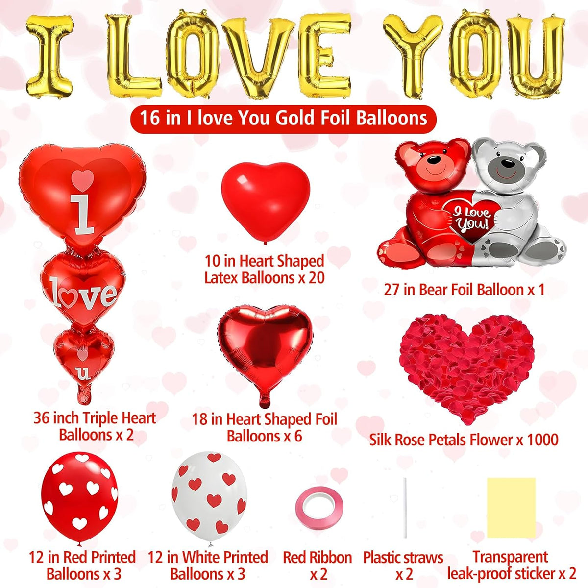 Valentines Balloons,Valentines Day Decorations,Happy Anniversary Balloons,I Love You Balloons,With 1000 Pcs Silk Rose Petals, Wedding Decorations,Valentine Balloons,Ribbon and Straw Included