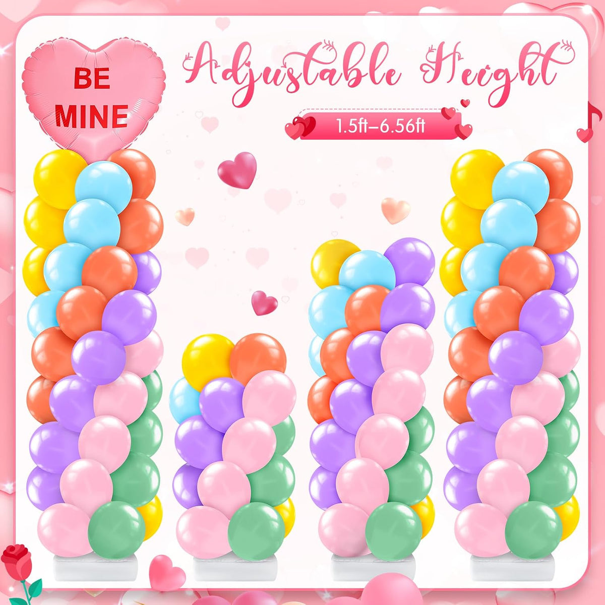 2 Set Valentines Day Balloon Column Stand Kit with 2 Candy Pastel Heart Love Foil Balloons, Valentines Day Arch Garland Stands for Valentine'S Wedding Anniversary Party Supplies Decoration
