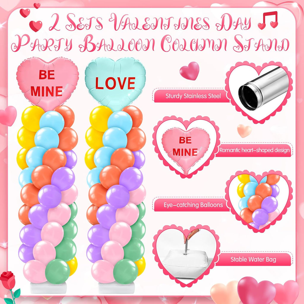 2 Set Valentines Day Balloon Column Stand Kit with 2 Candy Pastel Heart Love Foil Balloons, Valentines Day Arch Garland Stands for Valentine'S Wedding Anniversary Party Supplies Decoration