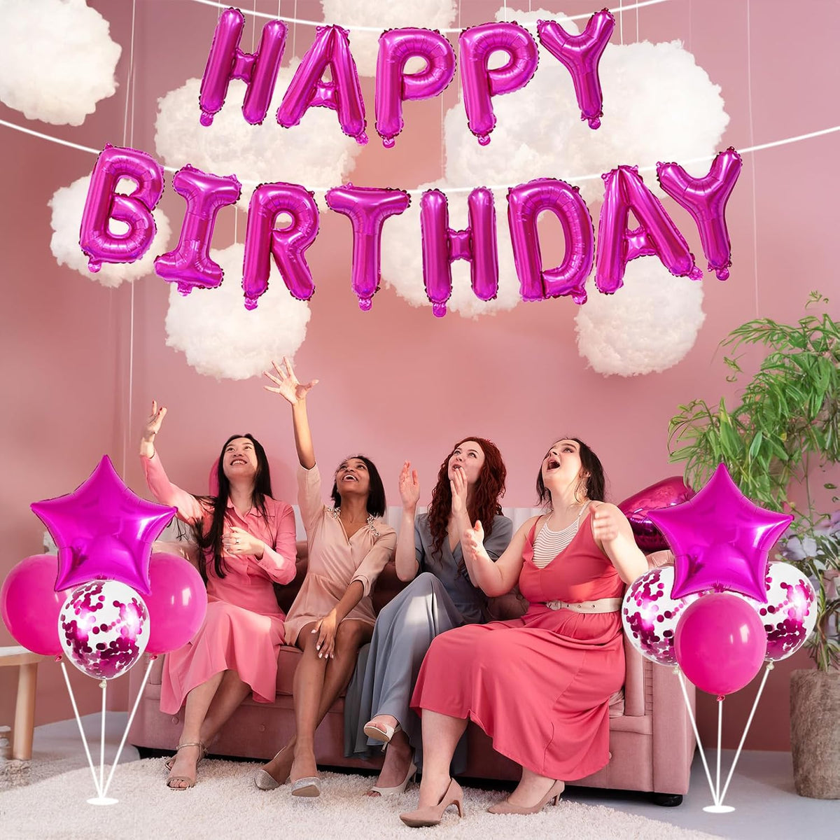 Hot Pink 16Inch Foil Happy Birthday Balloons Banner with Confetti, 21Pcs, Unisex Children, Adults