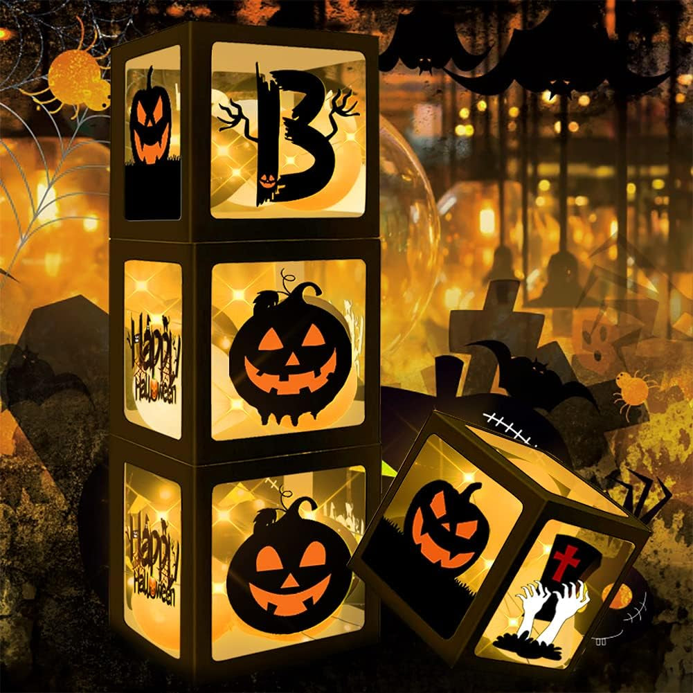 Halloween Party Decorations Balloons Boxes, 4 Pcs Boo Outdoor Indoor Transparent Box for Halloween Baby Shower with 4 LED Light Strings Party Decorations Supplies Favors