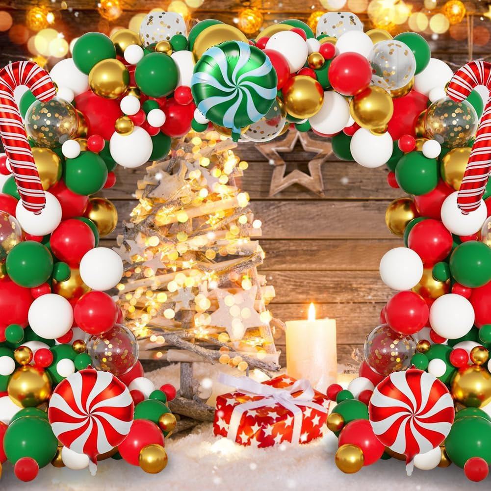 Christmas Balloons Garland Arch Kit Red White Green Balloons Candy Cane Foil Balloons Merry Christmas Birthday Party Decorations Supplies