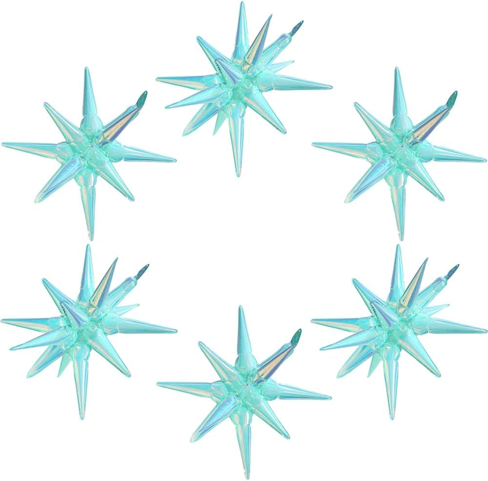 4D Red Green Balloon New Year Merry Christmas Decoration One-Piece Explosion Star Party Supplies, 6 Pack 22'' 14 Point Spike Star Cone Balloon Fireworks Balloons for Birthday Disco Casino Movie Night