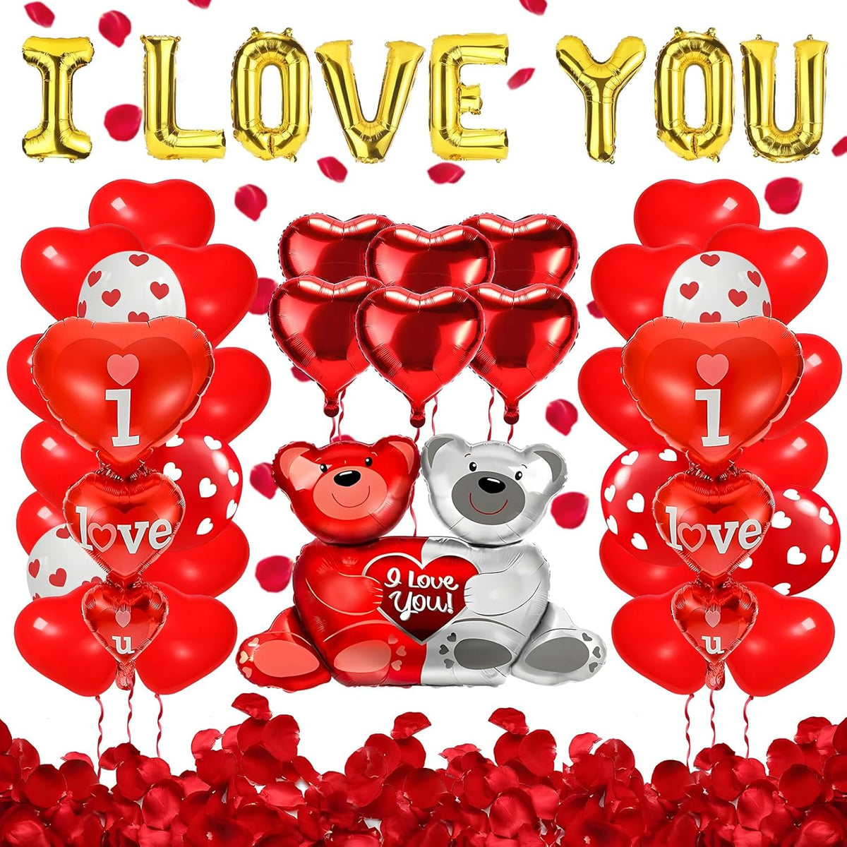 Valentines Balloons,Valentines Day Decorations,Happy Anniversary Balloons,I Love You Balloons,With 1000 Pcs Silk Rose Petals, Wedding Decorations,Valentine Balloons,Ribbon and Straw Included