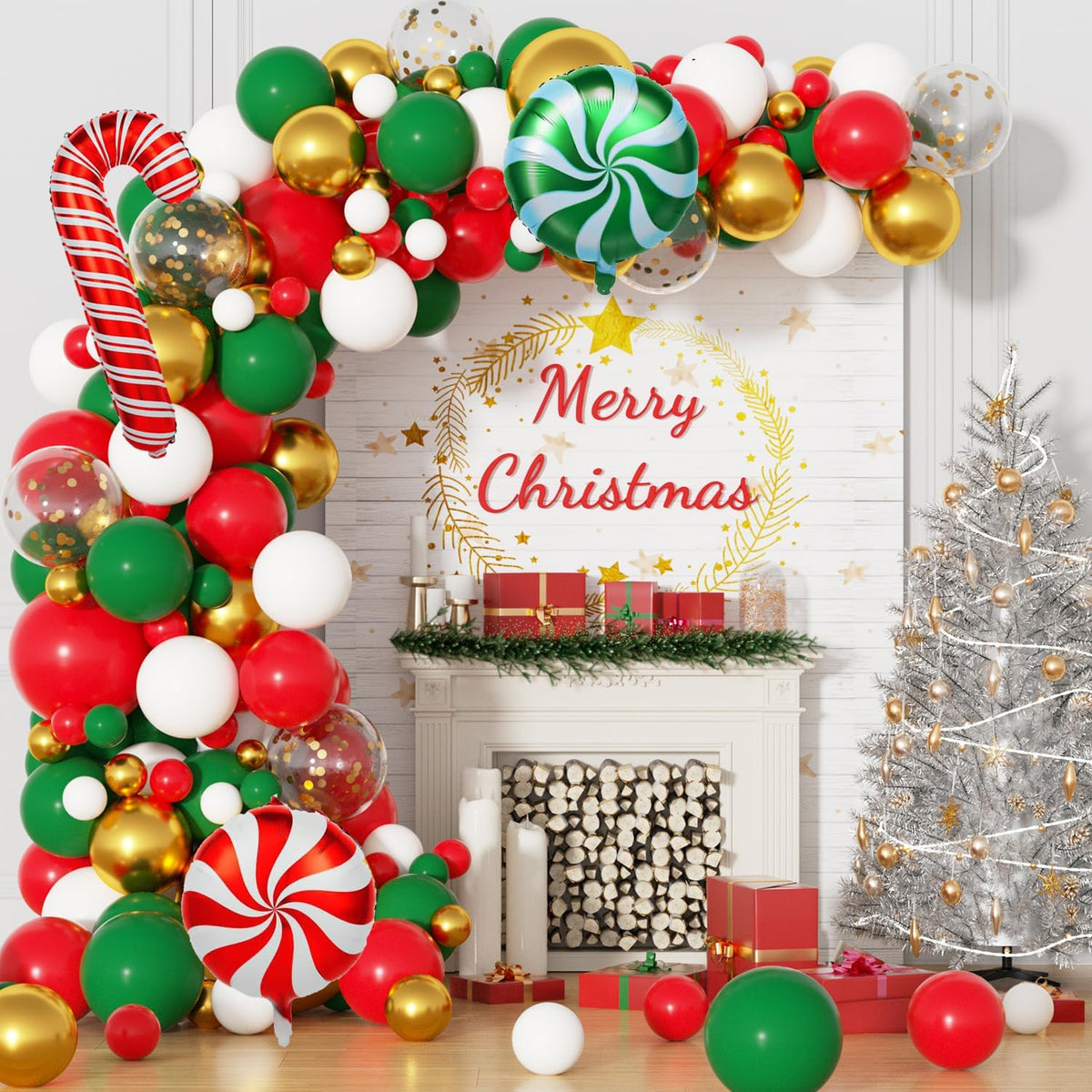 Christmas Balloons Garland Arch Kit Red White Green Balloons Candy Cane Foil Balloons Merry Christmas Birthday Party Decorations Supplies