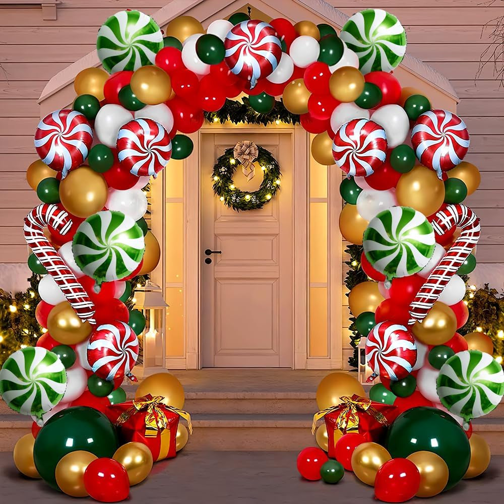 Red Green White Christmas Balloon Garland Arch Kit, Gingerbread Holiday Balloon Arch Kit Xmas Christmas Decorations Balloons Holiday Party Garland Balloons Background Candy Cane Balloon Arch Sets