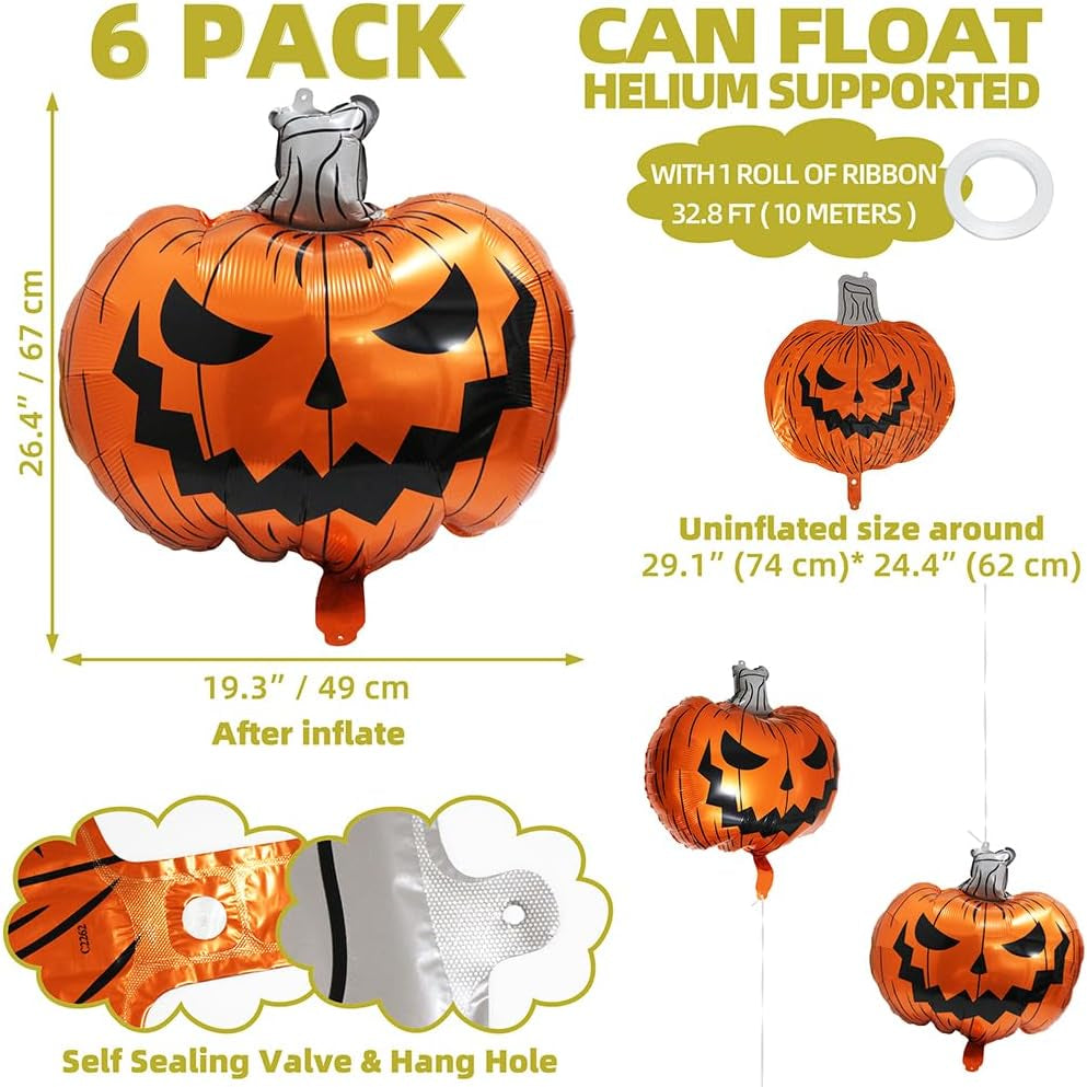 Halloween Scary Pumpkin Balloon Boo Spooky Balloon for Day of Death New Year Birthday Party Supplies, 6 Pack Cartoon Scary Pumpkin Foil Balloons Ghost Balloons Halloween Birthday Decoration