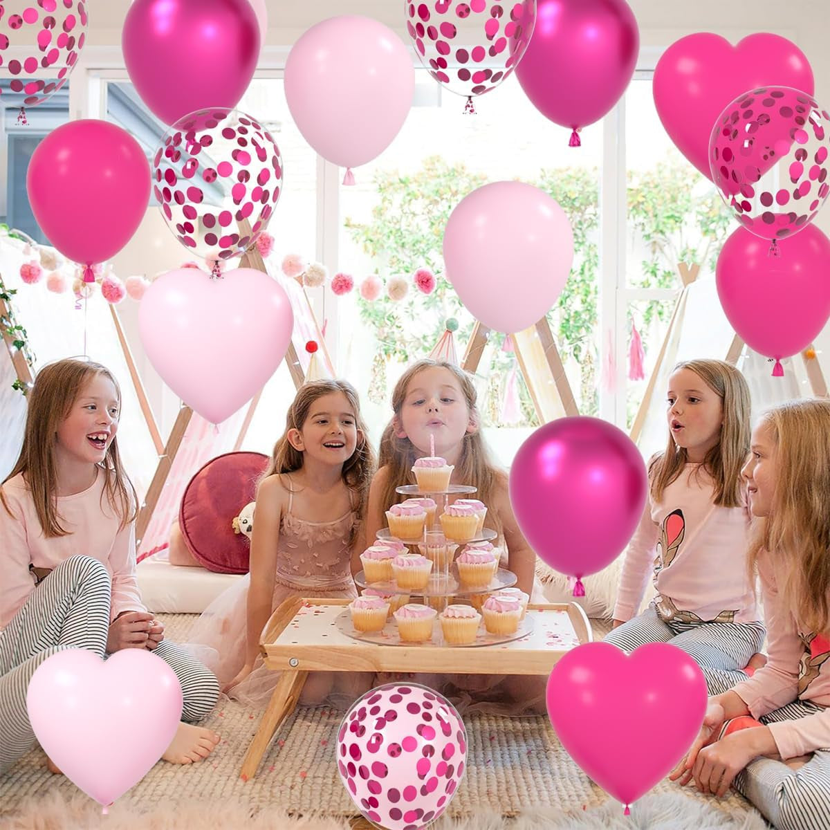 Metallic Pink Chrome Magenta Heart Balloons Set, 12 Inch 60PCS Dark Rose Red Pinks Balloons Confetti Balloon for Birthday Princess Baby Shower Wedding Decorations (Hot Pink Magenta Pink)