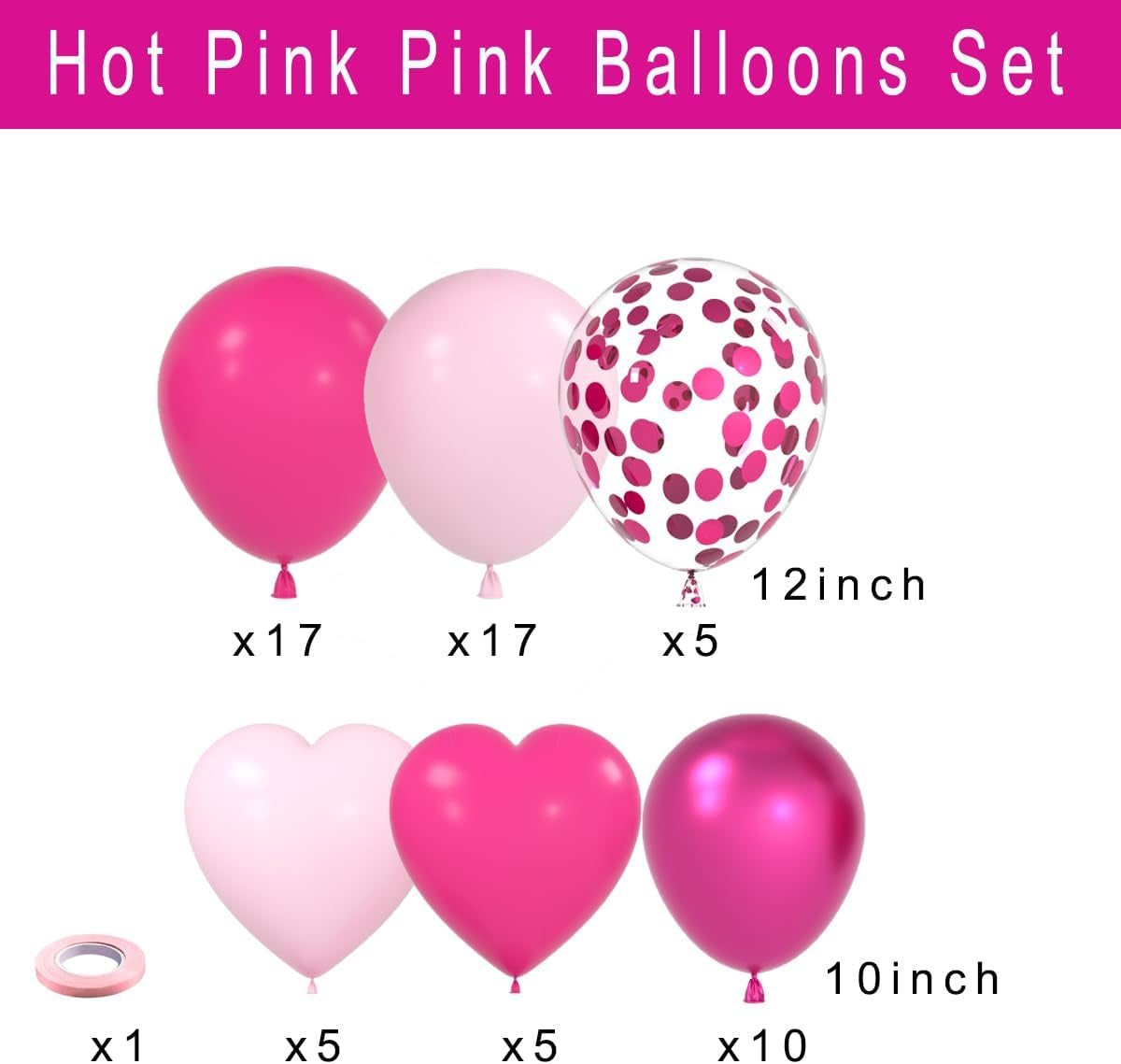 Metallic Pink Chrome Magenta Heart Balloons Set, 12 Inch 60PCS Dark Rose Red Pinks Balloons Confetti Balloon for Birthday Princess Baby Shower Wedding Decorations (Hot Pink Magenta Pink)