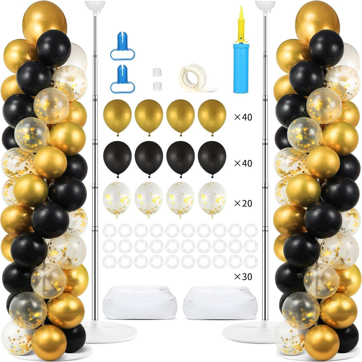 2 Sets Balloon Column Stand Kit Balloon Tower with Bases（Black Gold）