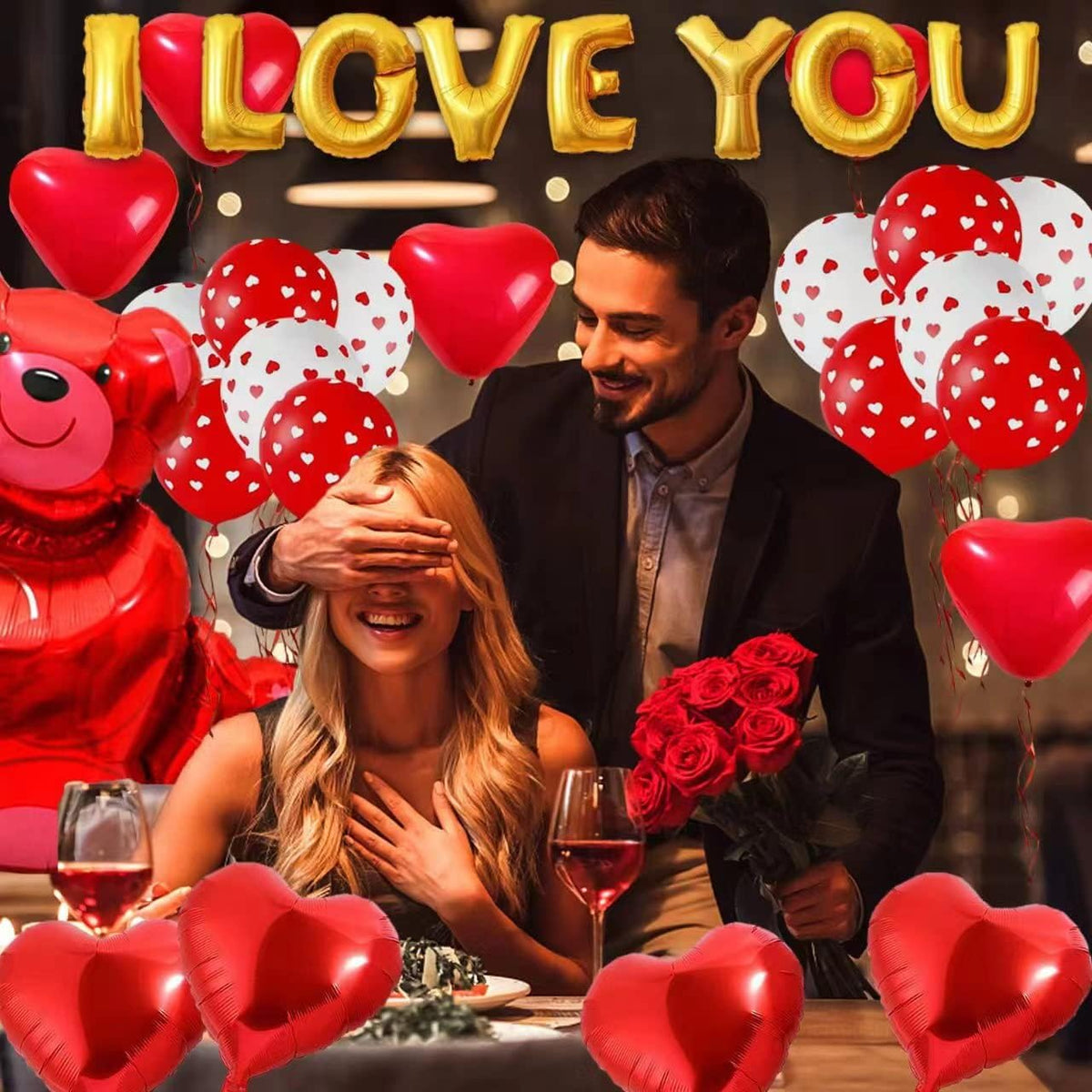 1062Pcs Valentine'S Day Balloons Decoration Set, 1000 Red Rose Leaves, Love Heart Balloons, Love Bear Balloons, I Love You Balloons, Red Heart Balloons, Romantic Decor for Wedding Anniversary