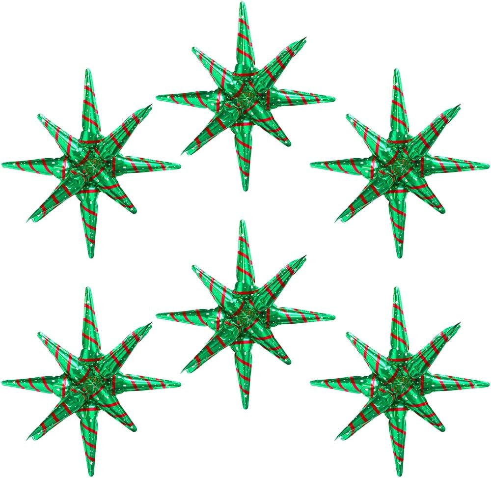 4D Red Green Balloon New Year Merry Christmas Decoration One-Piece Explosion Star Party Supplies, 6 Pack 22'' 14 Point Spike Star Cone Balloon Fireworks Balloons for Birthday Disco Casino Movie Night