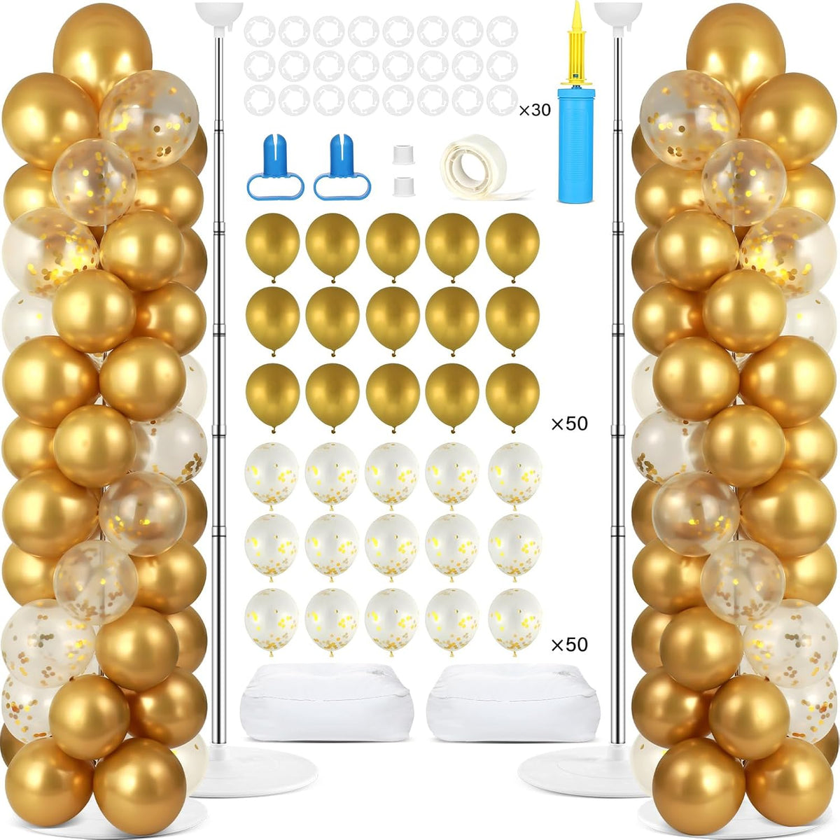 2 Sets Balloon Column Stand Kit Balloon Tower with Bases（Black Gold）