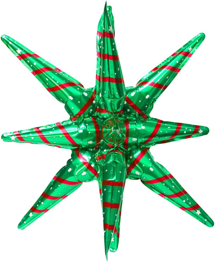4D Red Green Balloon New Year Merry Christmas Decoration One-Piece Explosion Star Party Supplies, 6 Pack 22'' 14 Point Spike Star Cone Balloon Fireworks Balloons for Birthday Disco Casino Movie Night