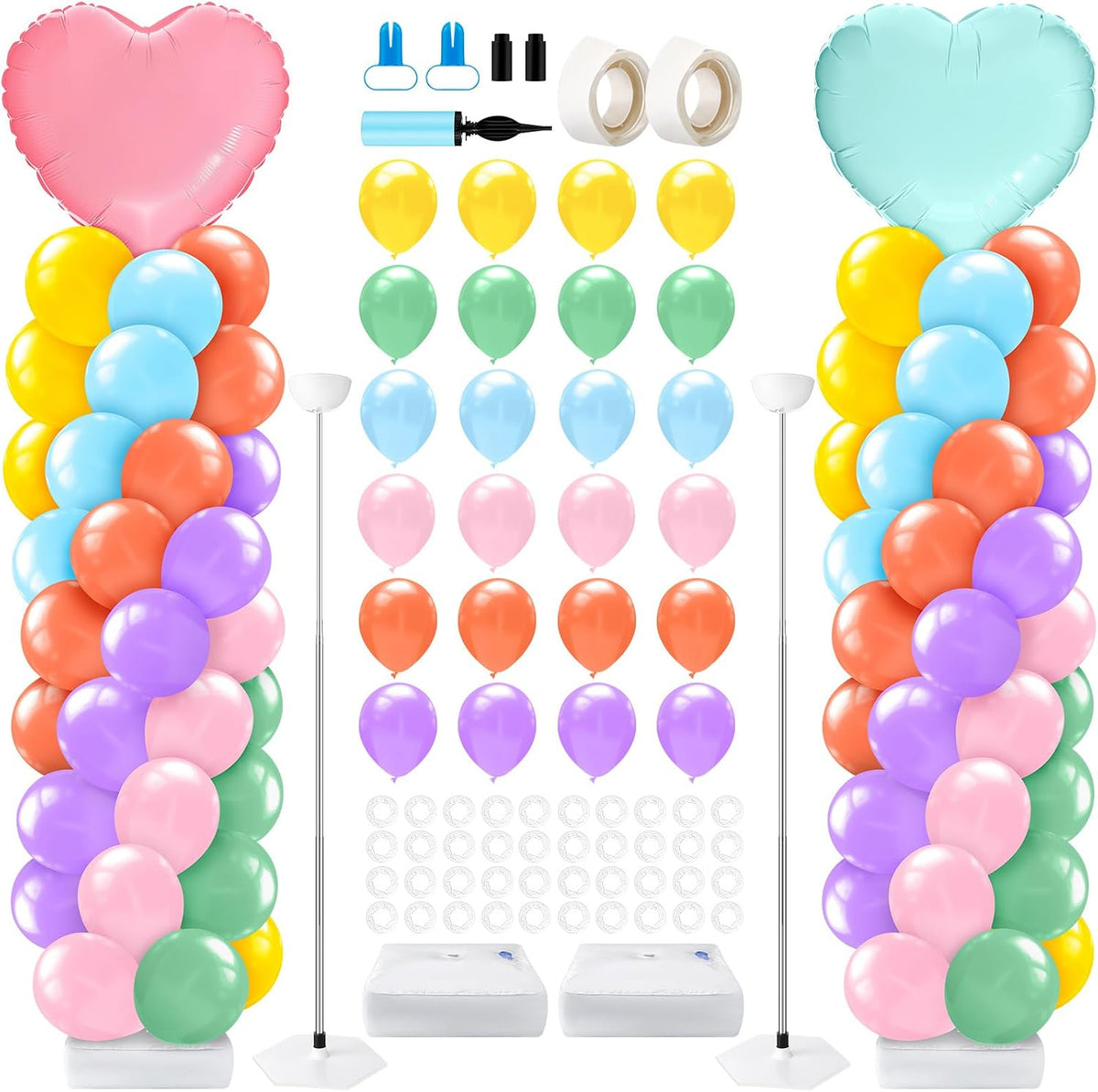 2 Set Valentines Day Balloon Column Stand Kit with 2 Candy Pastel Heart Love Foil Balloons, Valentines Day Arch Garland Stands for Valentine'S Wedding Anniversary Party Supplies Decoration