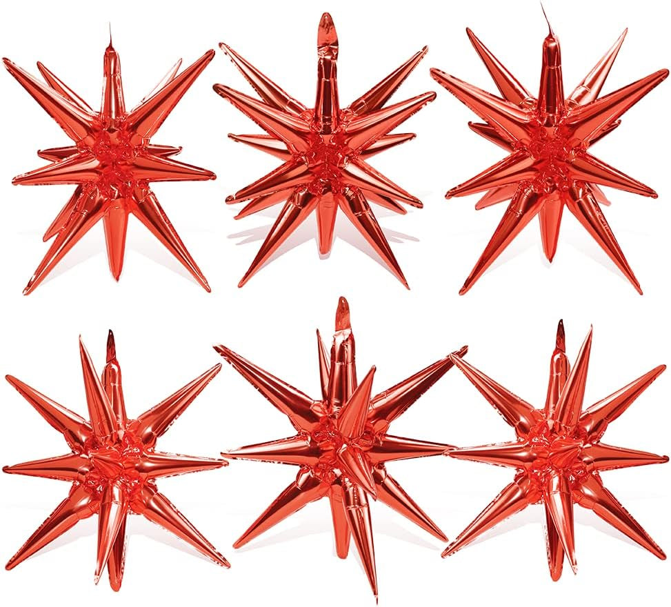 4D Red Green Balloon New Year Merry Christmas Decoration One-Piece Explosion Star Party Supplies, 6 Pack 22'' 14 Point Spike Star Cone Balloon Fireworks Balloons for Birthday Disco Casino Movie Night