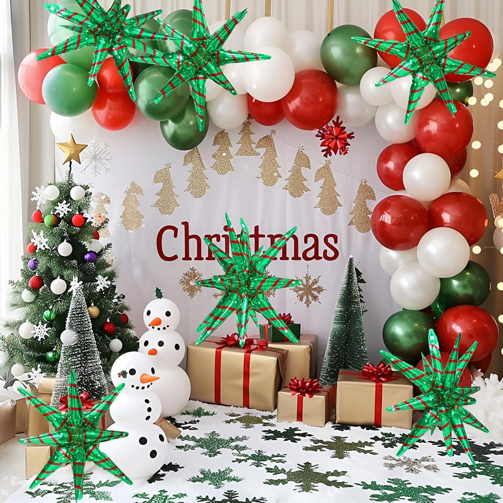 4D Red Green Balloon New Year Merry Christmas Decoration One-Piece Explosion Star Party Supplies, 6 Pack 22'' 14 Point Spike Star Cone Balloon Fireworks Balloons for Birthday Disco Casino Movie Night