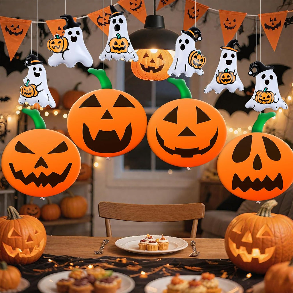 10 PCS 16 Inch, 9 Inch Halloween Inflatable Balloons Inflatable Halloween Pumpkin Ghost Decorations PVC Large Pumpkin Balloons for Haunted House Horror Party Yard Garden Home Decor