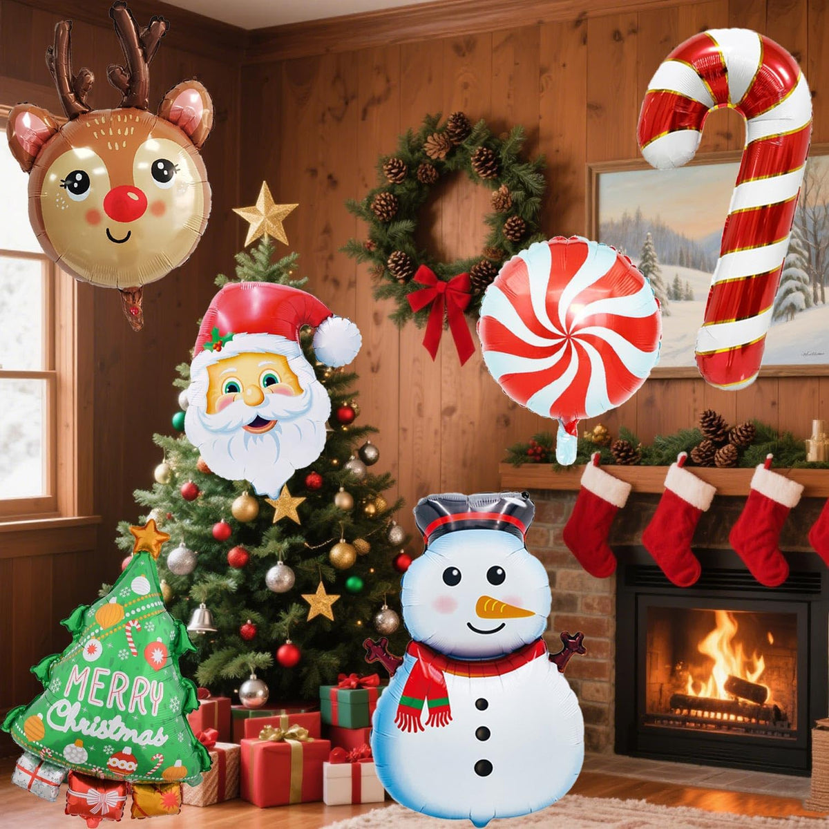 Christmas Foil Balloons Snowman Reindeer Santa Candy Cane Christmas Tree Balloons for Xmas Themed Party Decoration Supplies Winter Birthday Decoration Decor Ballons Arch Kits Party Balloon Set 6Pcs
