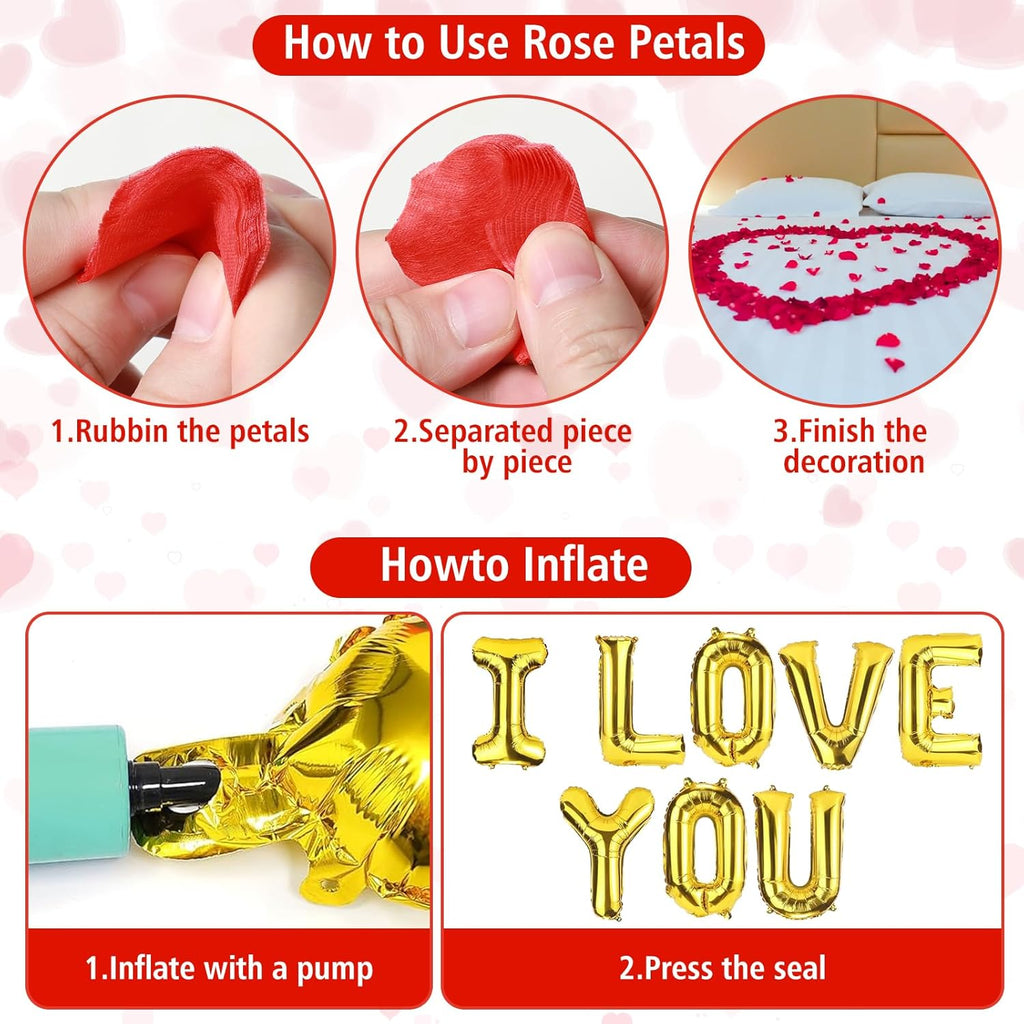 Valentines Balloons,Valentines Day Decorations,Happy Anniversary Balloons,I Love You Balloons,With 1000 Pcs Silk Rose Petals, Wedding Decorations,Valentine Balloons,Ribbon and Straw Included