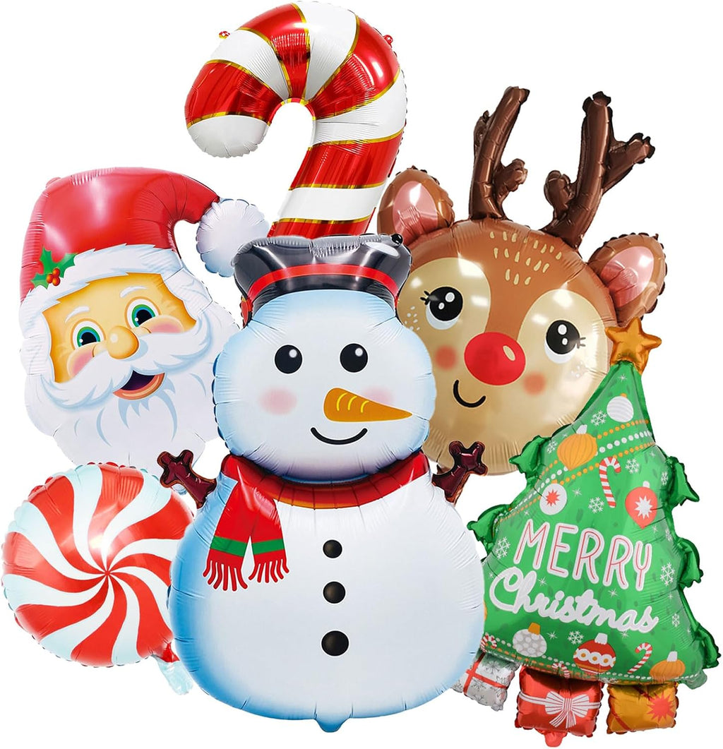 Christmas Foil Balloons Snowman Reindeer Santa Candy Cane Christmas Tree Balloons for Xmas Themed Party Decoration Supplies Winter Birthday Decoration Decor Ballons Arch Kits Party Balloon Set 6Pcs