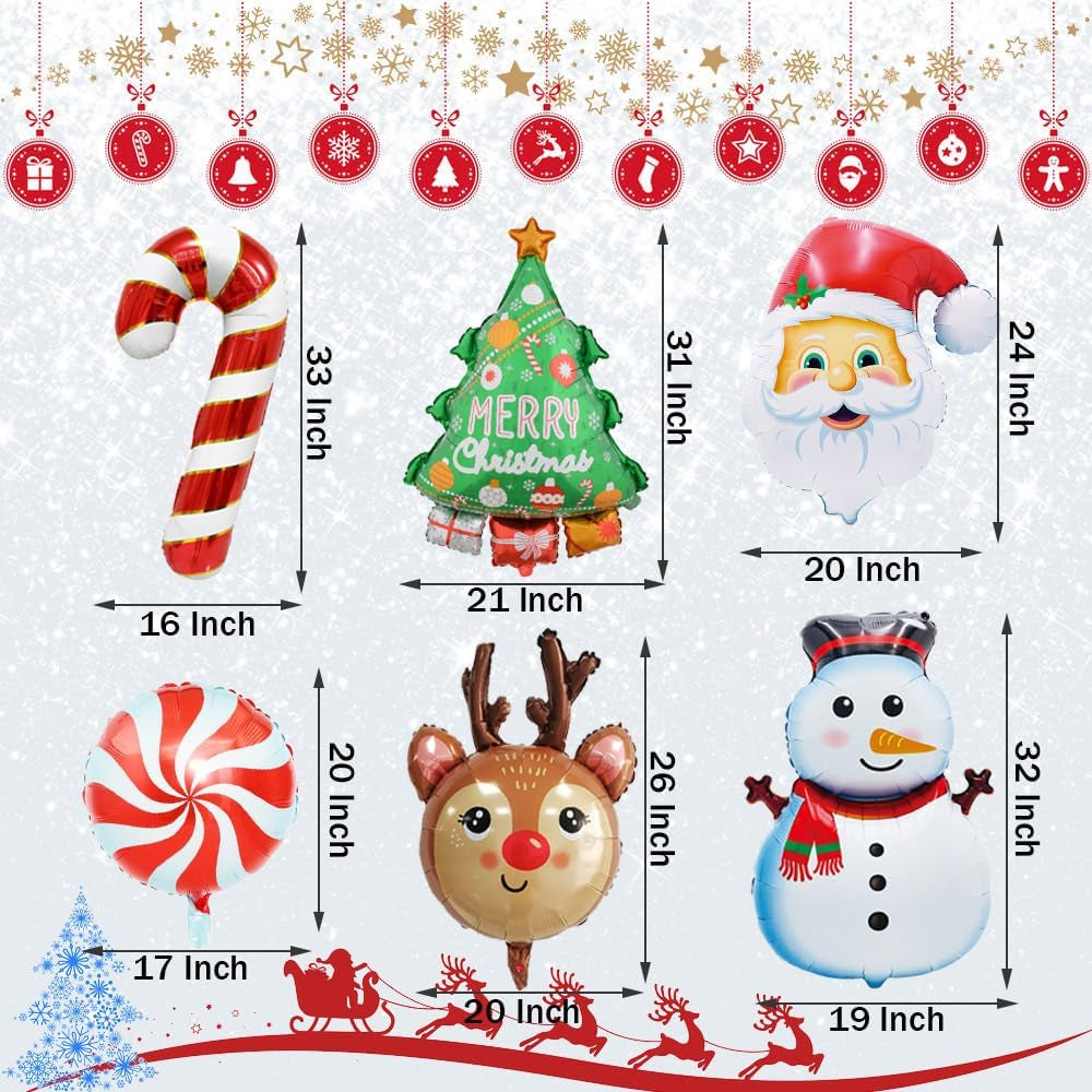 Christmas Foil Balloons Snowman Reindeer Santa Candy Cane Christmas Tree Balloons for Xmas Themed Party Decoration Supplies Winter Birthday Decoration Decor Ballons Arch Kits Party Balloon Set 6Pcs