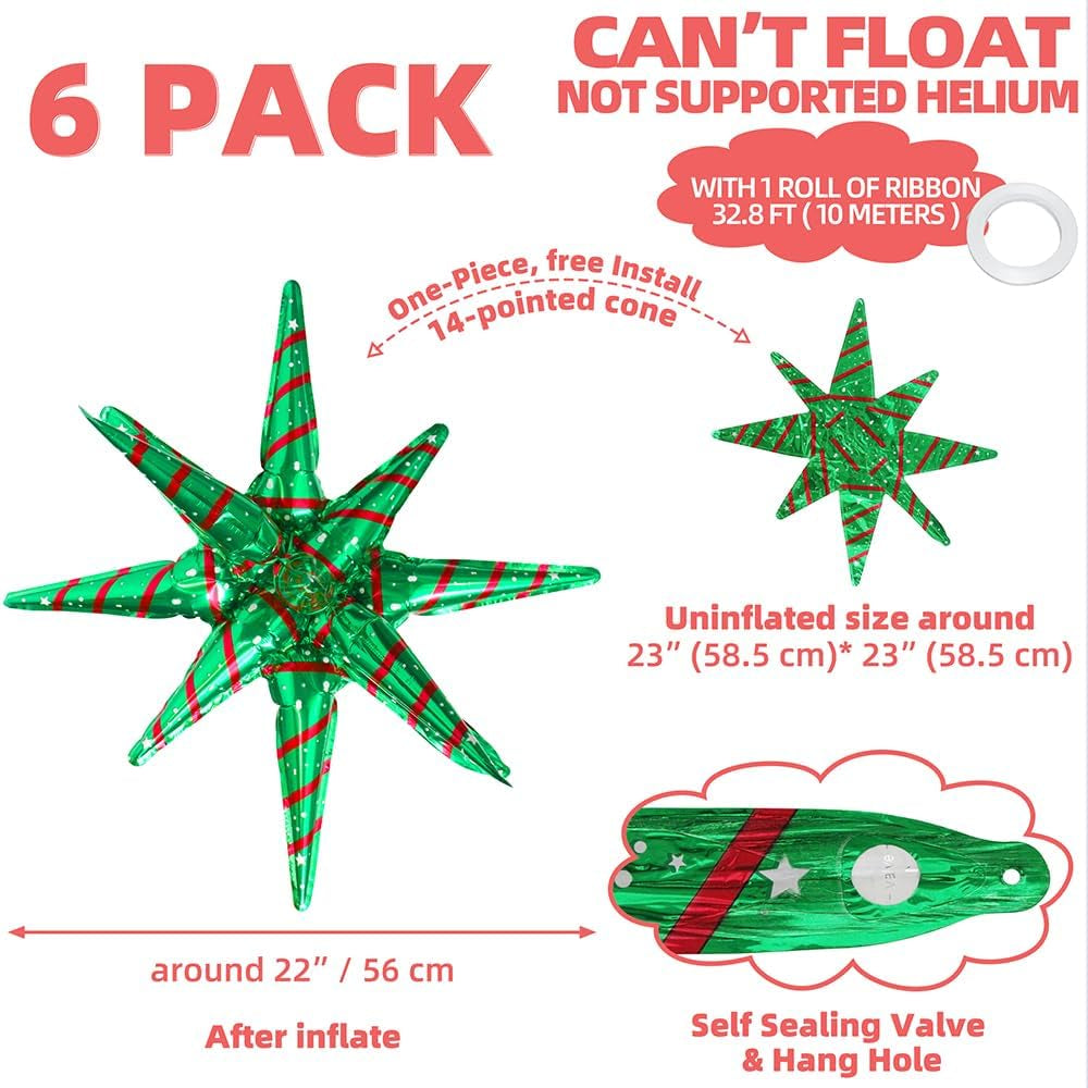 4D Red Green Balloon New Year Merry Christmas Decoration One-Piece Explosion Star Party Supplies, 6 Pack 22'' 14 Point Spike Star Cone Balloon Fireworks Balloons for Birthday Disco Casino Movie Night