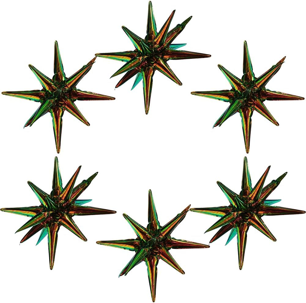 4D Red Green Balloon New Year Merry Christmas Decoration One-Piece Explosion Star Party Supplies, 6 Pack 22'' 14 Point Spike Star Cone Balloon Fireworks Balloons for Birthday Disco Casino Movie Night