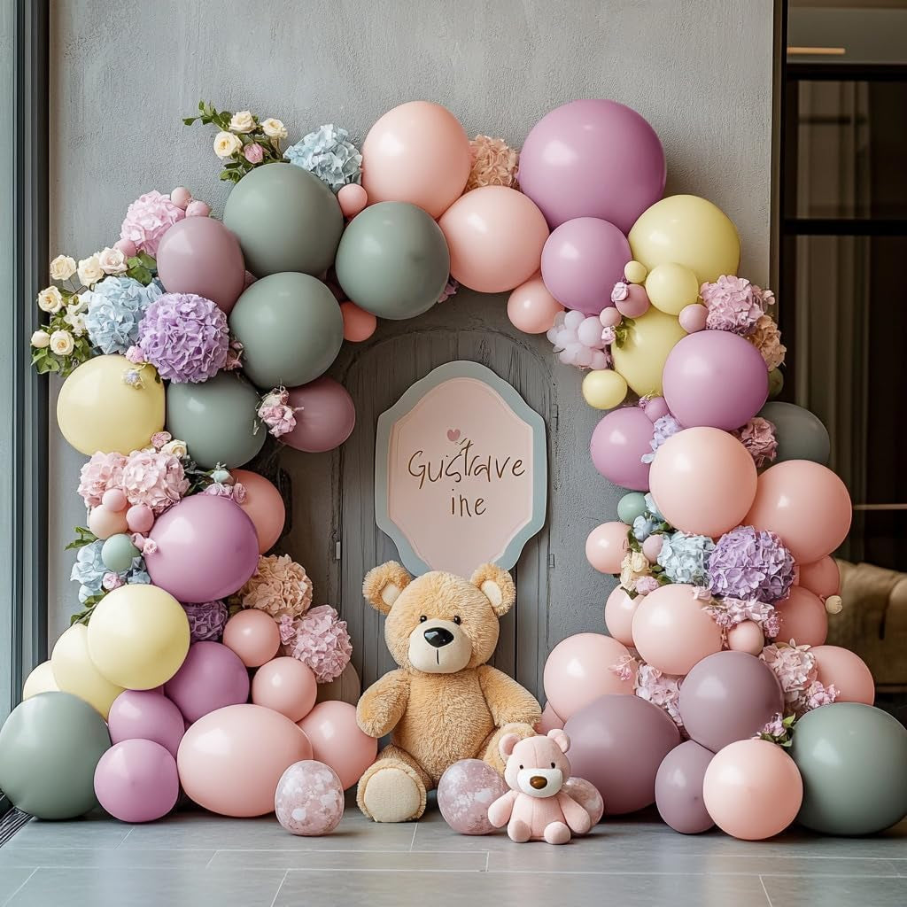 Double Stuffed Dusty Green Pink Yellow Balloon Garland Kit